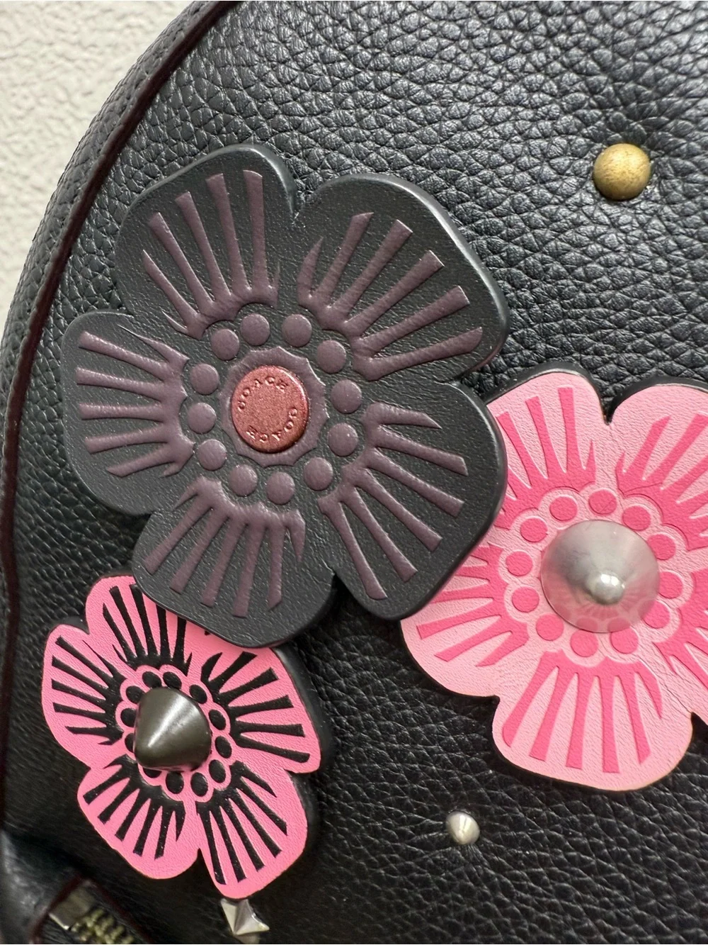 Black Tea Rose Appliqué Leather Backpack
